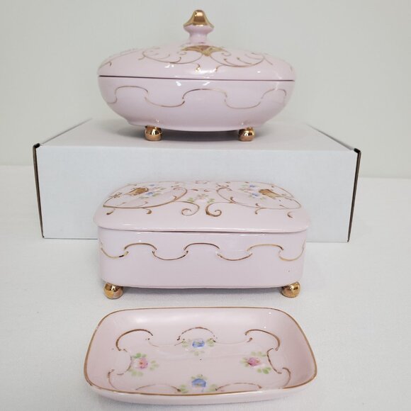 Ardalt Lot of 3 MCM Pink Porcelain Hand Painted Vanity Dish 6228/7 Lenwile China - Picture 2 of 16